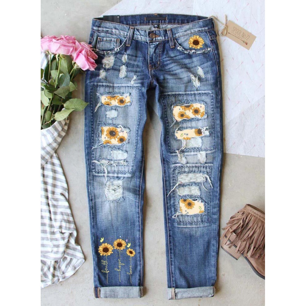 Bottoms : Women's Jeans Sunflower Patchwork Straight Low ...