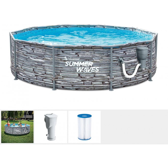 Summer Waves Active 12 Foot x 33 Inch Stone Slate Print Metal Frame Outdoor Backyard Above Ground Swimming Pool Set with Filter Pump, Type D Cartridge, and Repair Patch