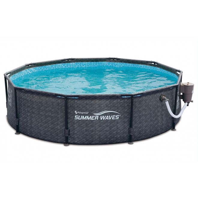 Summer Waves P20010301 Active 10ft x 30in Outdoor Round Frame Above Ground Swimming Pool Set with 120V Filter Pump with GFCI, Gray Wicker