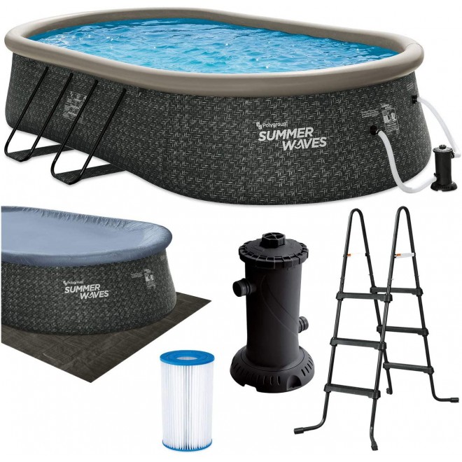 Summer Waves P11810421 18 x 10 Foot Oval Quick Set Inflatable Ring Above Ground Swimming Pool with Ladder and Filter Pump, Dark Gray Herringbone Print