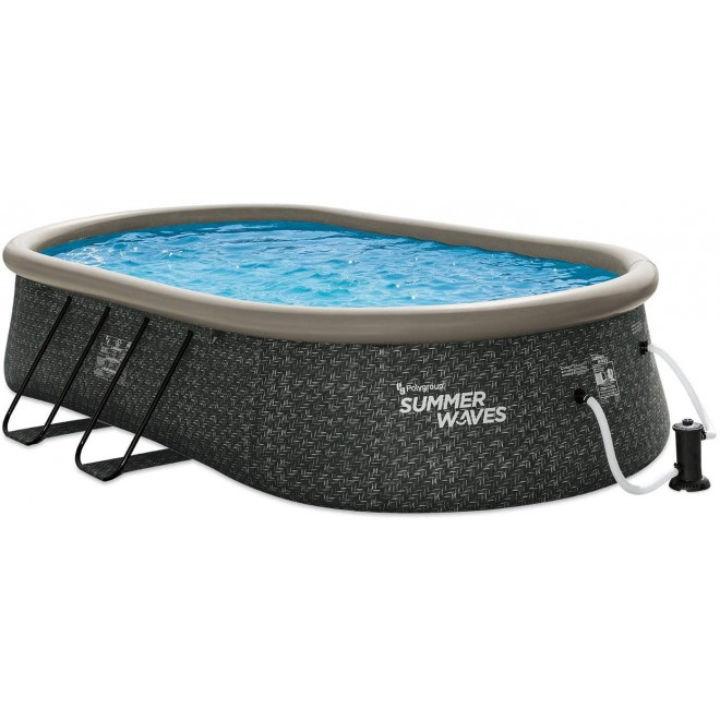 Summer Waves P11810421 18 x 10 Foot Oval Quick Set Inflatable Ring Above Ground Swimming Pool with Ladder and Filter Pump, Dark Gray Herringbone Print