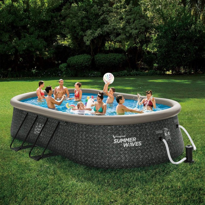 Summer Waves P11810421 18 x 10 Foot Oval Quick Set Inflatable Ring Above Ground Swimming Pool with Ladder and Filter Pump, Dark Gray Herringbone Print