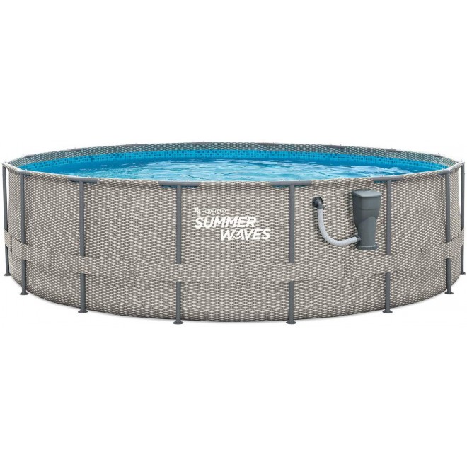 Summer Waves Active Metal Frame 16 Foot x 48 Inch Round Above Ground Wicker Gray Swimming Pool Set with Skimmer Plus Pool Filter Pump and Type C Filter Cartridge, Gray Rattan