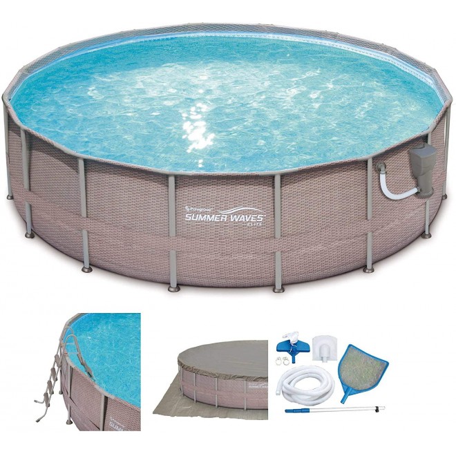 Summer Waves 16ft x 48in Elite Wicker Print Above Ground Frame Pool Set w/Pump